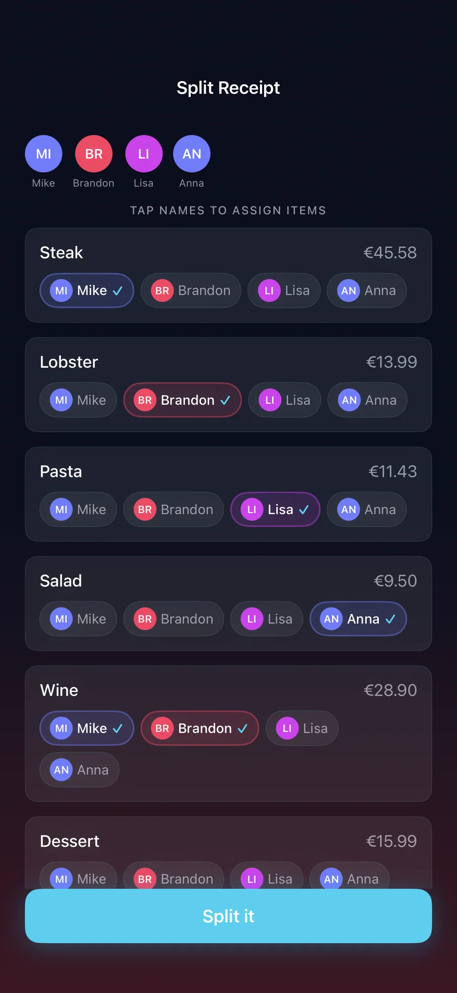 RightSplit receipt items assigned to people with tap-to-assign chips
