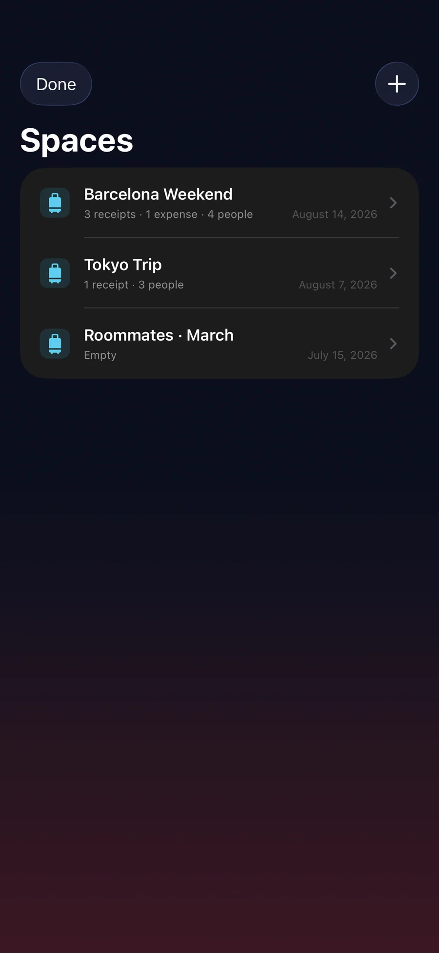 RightSplit spaces list with trips and shared groups