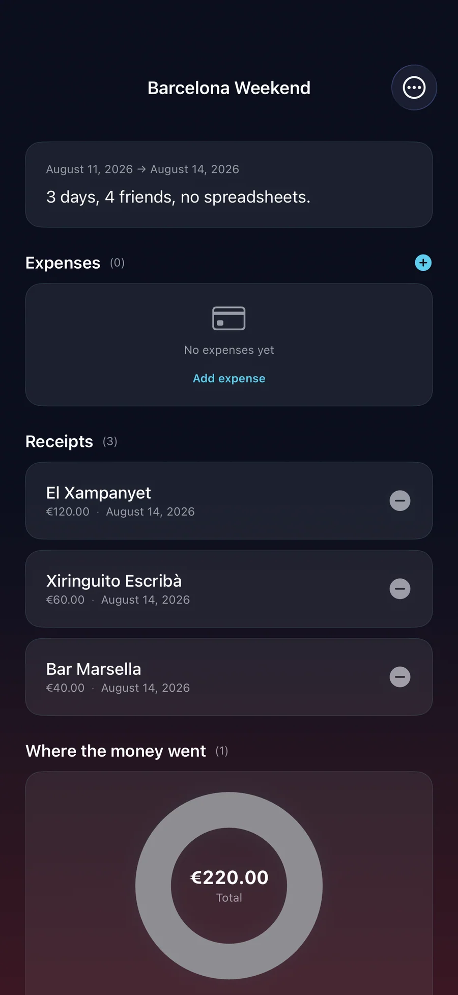 RightSplit trip detail with expenses, receipts and where the money went