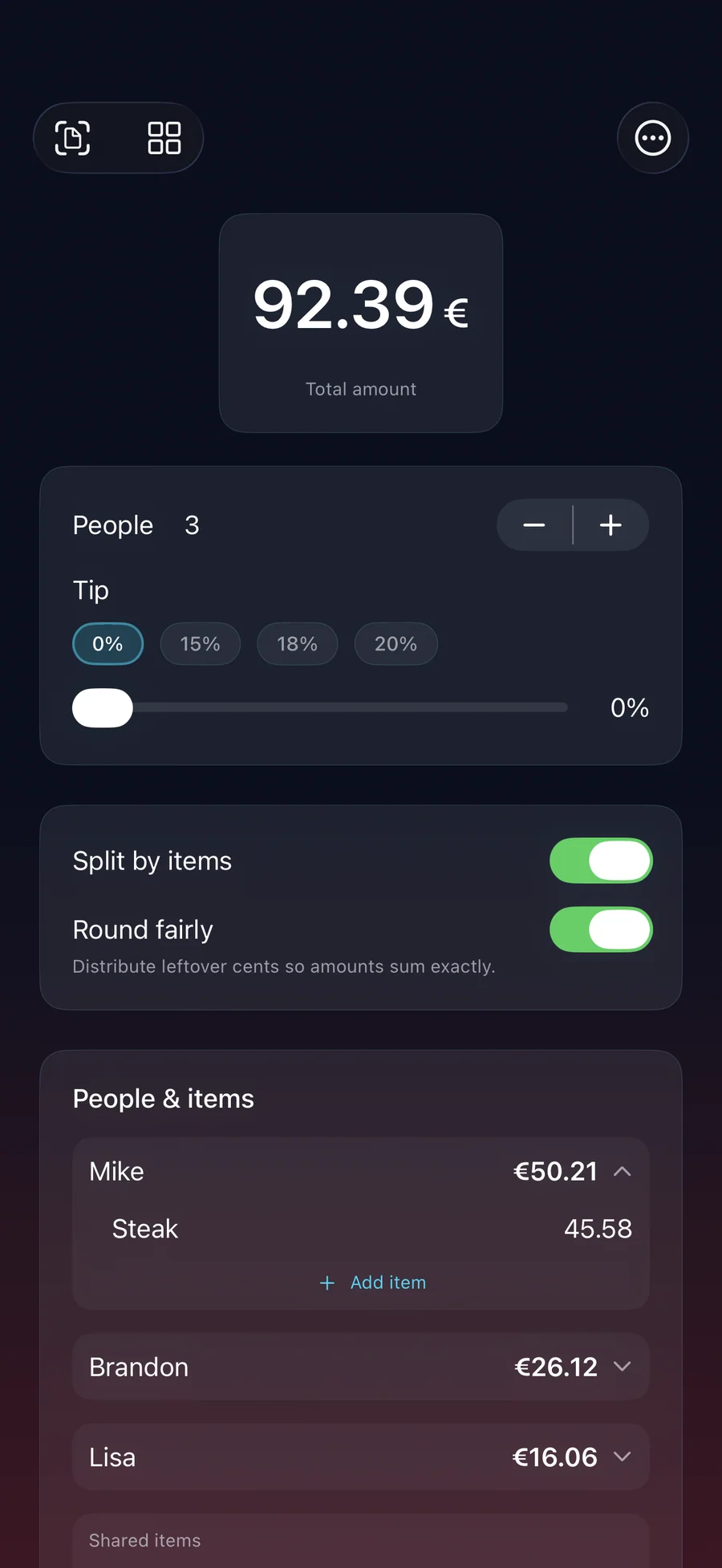 RightSplit split by items with a running total per person