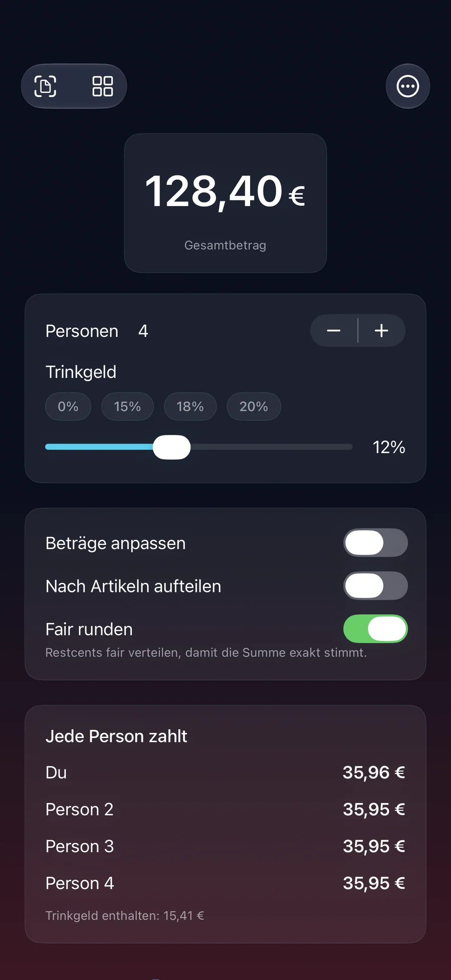 RightSplit-Bildschirm zum Aufteilen mit Gesamtbetrag, Trinkgeld und anpassbaren Beträgen pro Person
