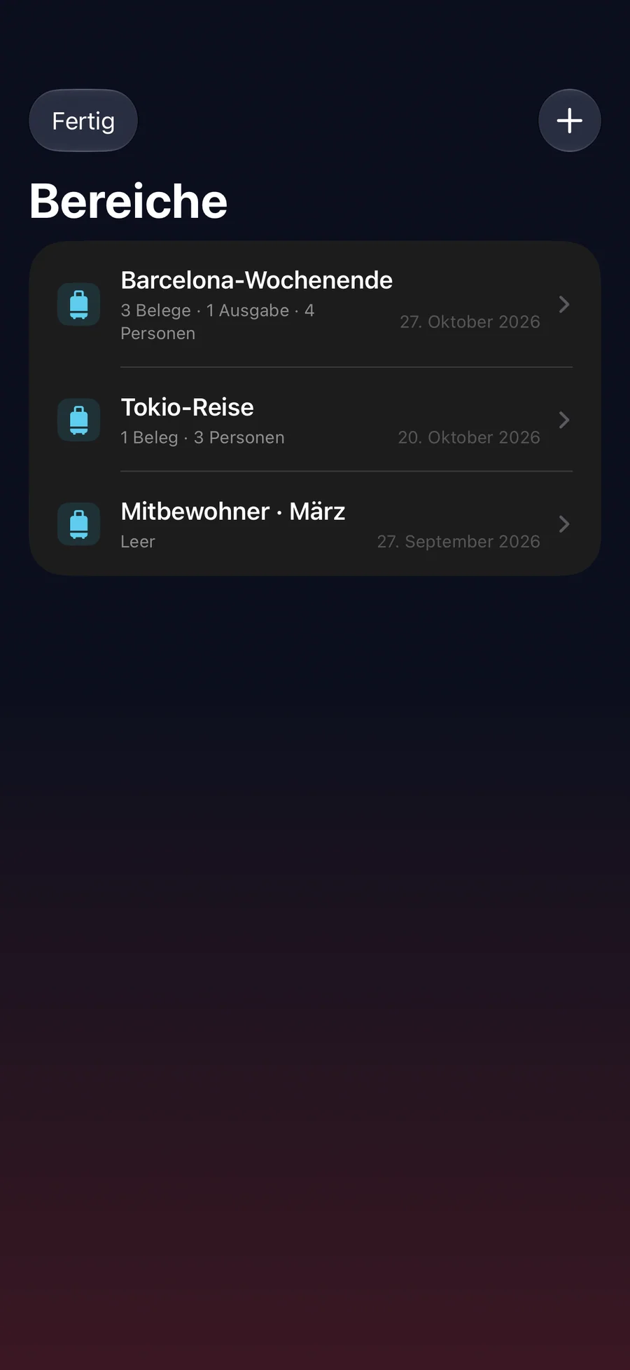 RightSplit-Liste der Bereiche mit Reisen und gemeinsamen Gruppen