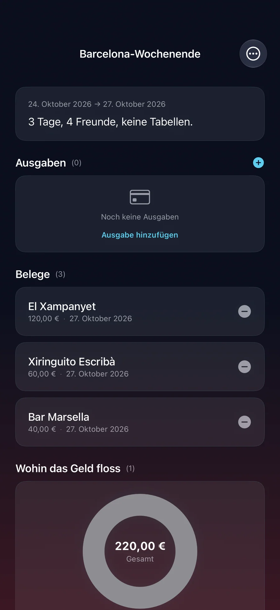 RightSplit-Reisedetails mit Ausgaben, Belegen und der Übersicht, wohin das Geld ging