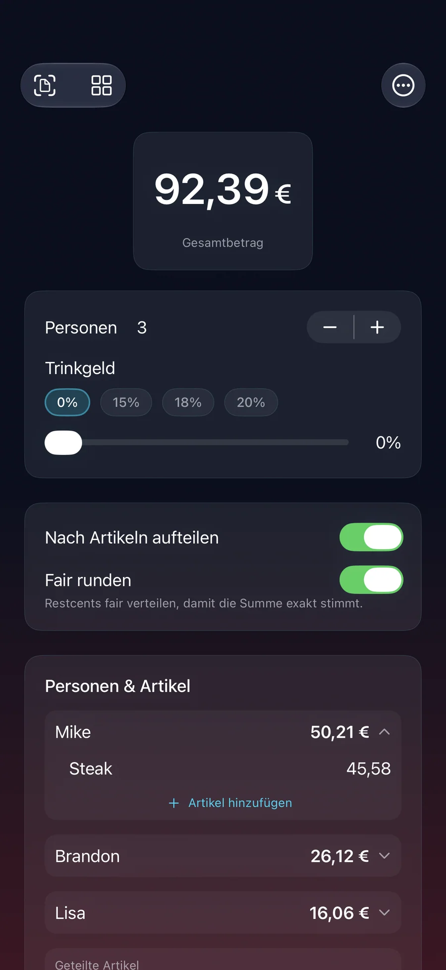 RightSplit-Aufteilung nach Artikeln mit laufender Summe pro Person