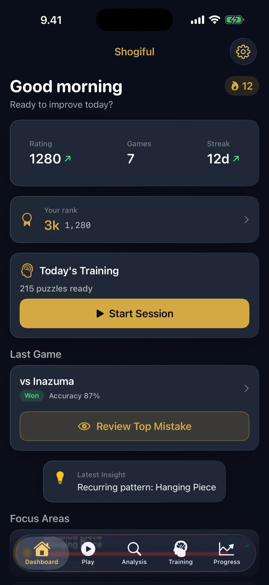 Dashboard: rating, streak, today's training, and your last game at a glance.
