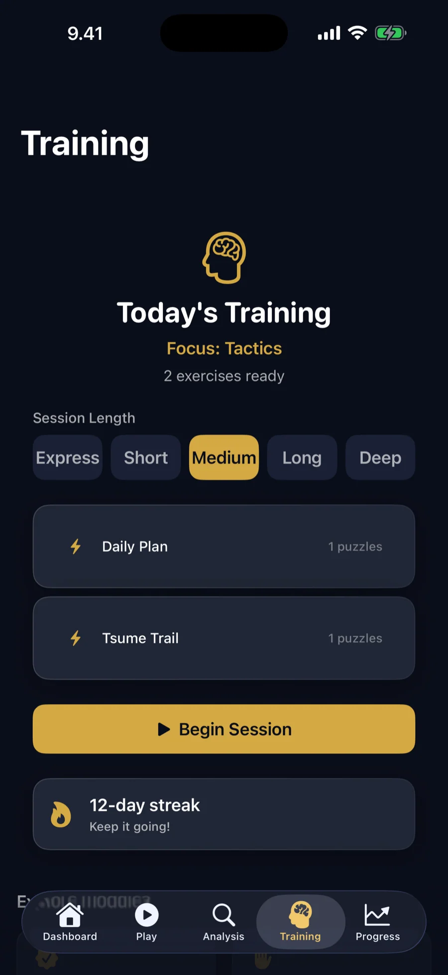 Daily training built around your top weakness, with a choice of session length.