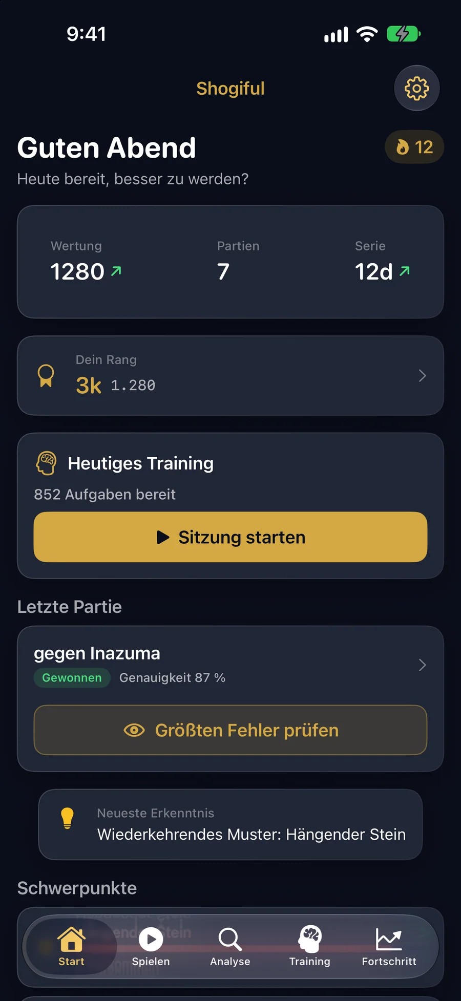 Start: Wertung, Serie, das heutige Training und deine letzte Partie auf einen Blick.