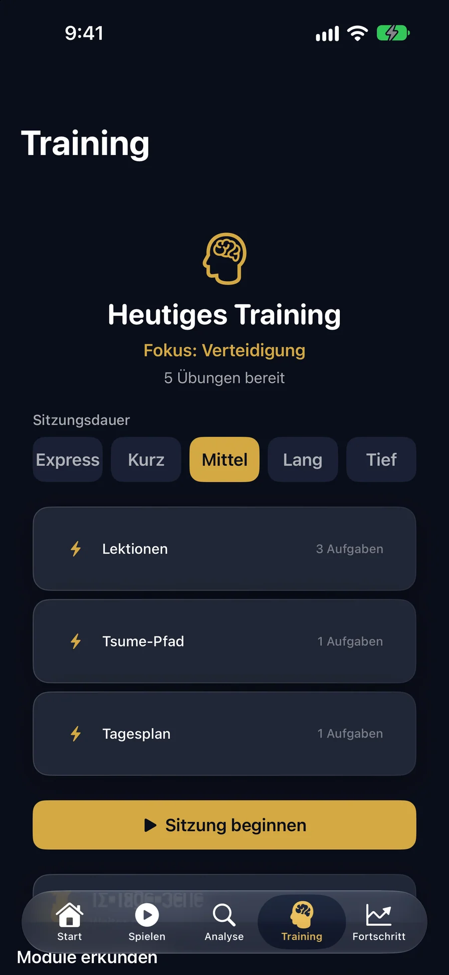 Tägliches Training rund um deine größte Schwäche, mit wählbarer Länge.