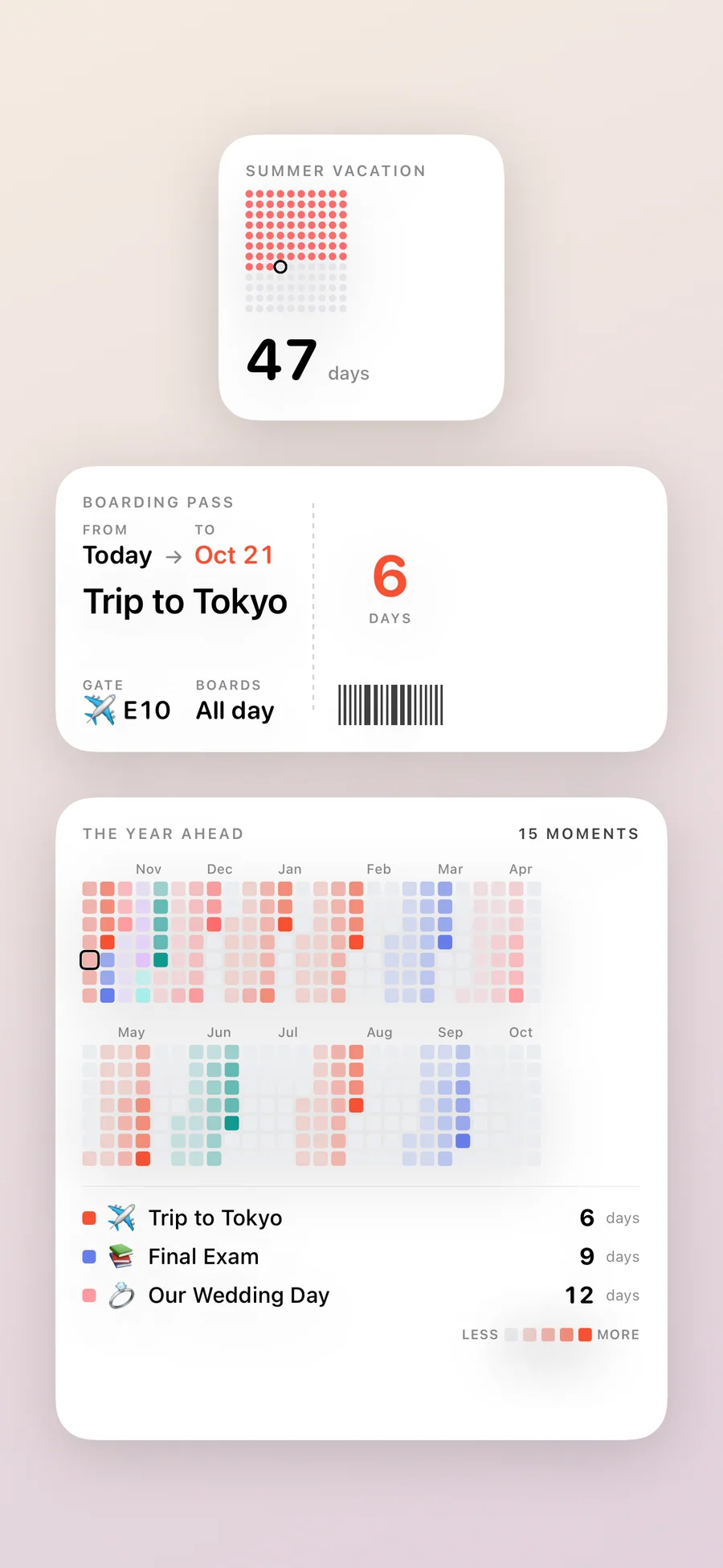 Soon. widgets with a month calendar and a list of upcoming moments