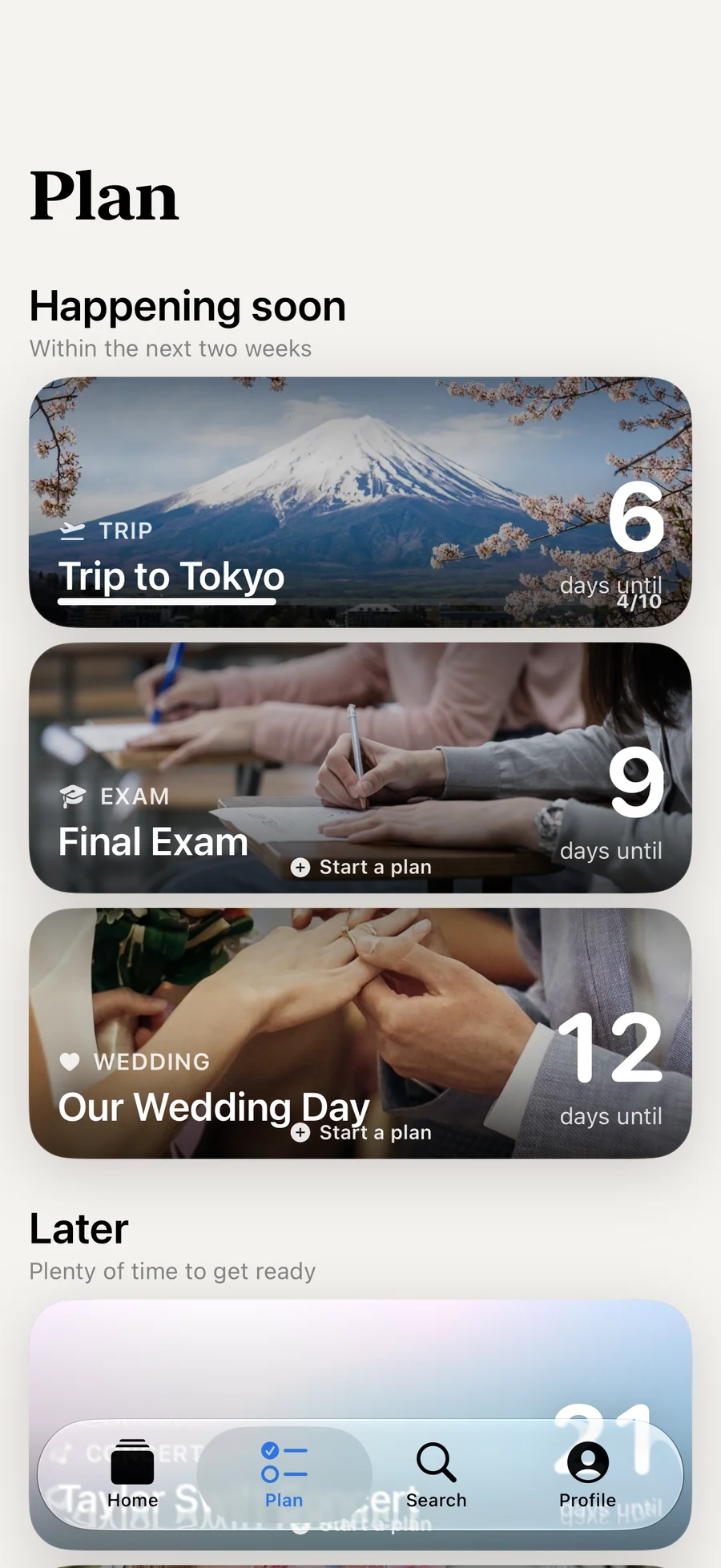Soon. Plan tab listing moments coming up soon