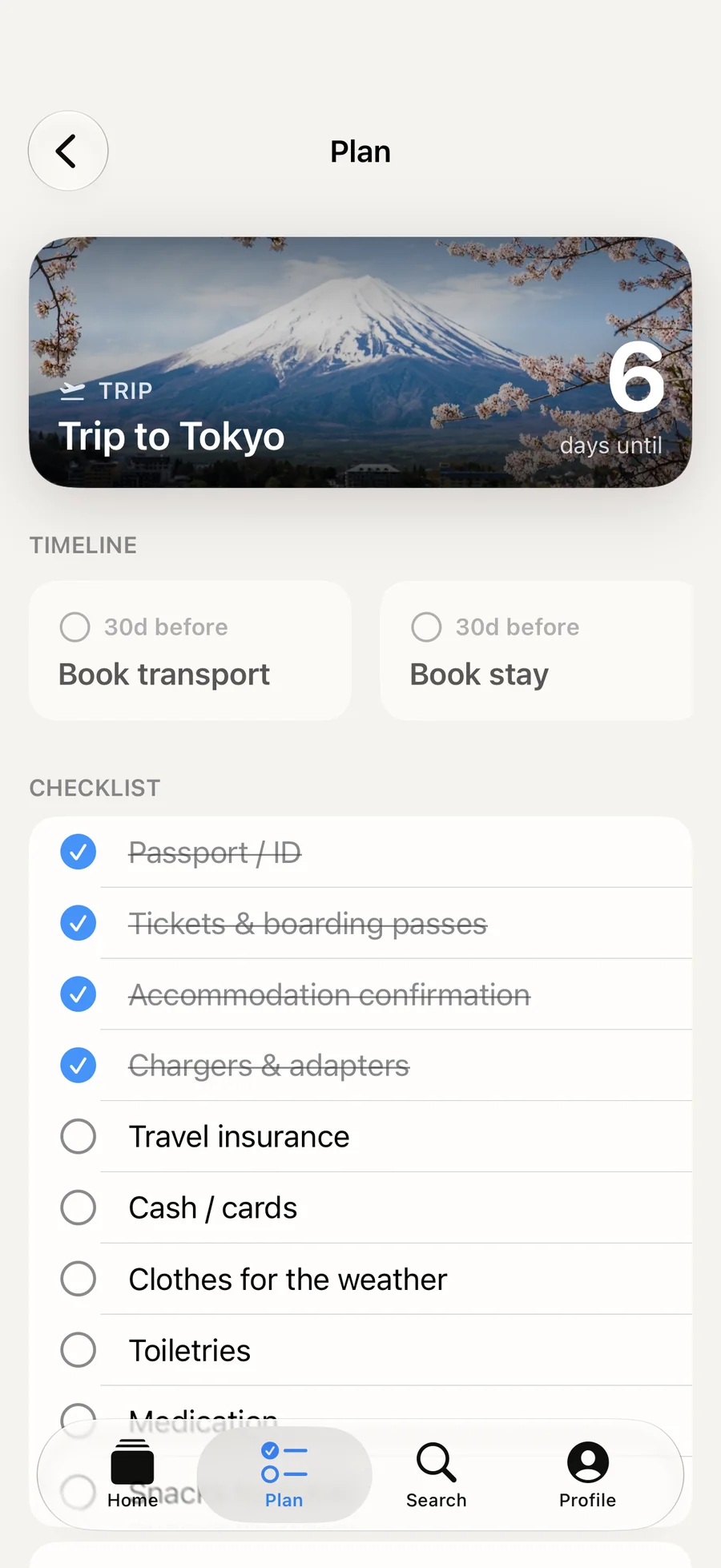 Soon. trip plan with a timeline and a packing checklist