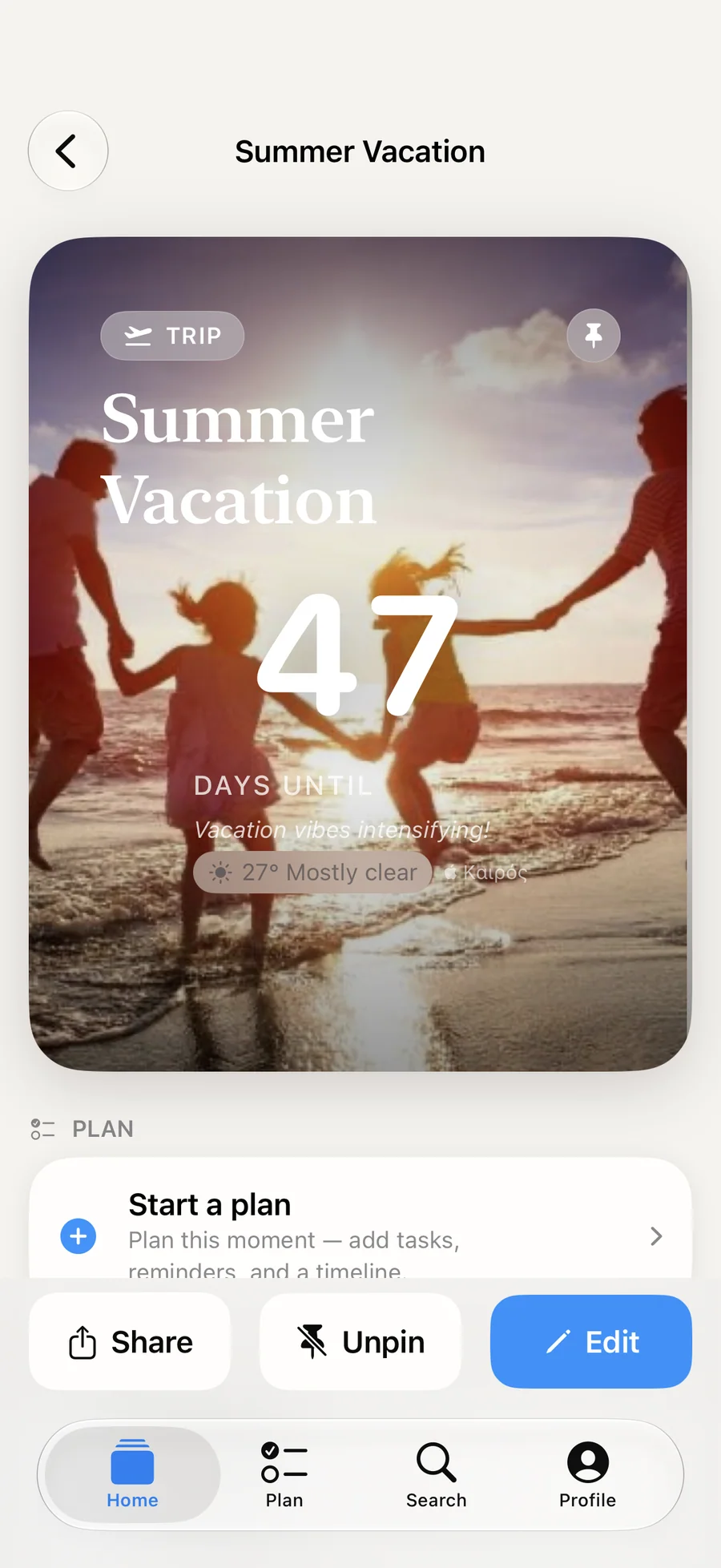 Soon. vacation countdown card with a plan