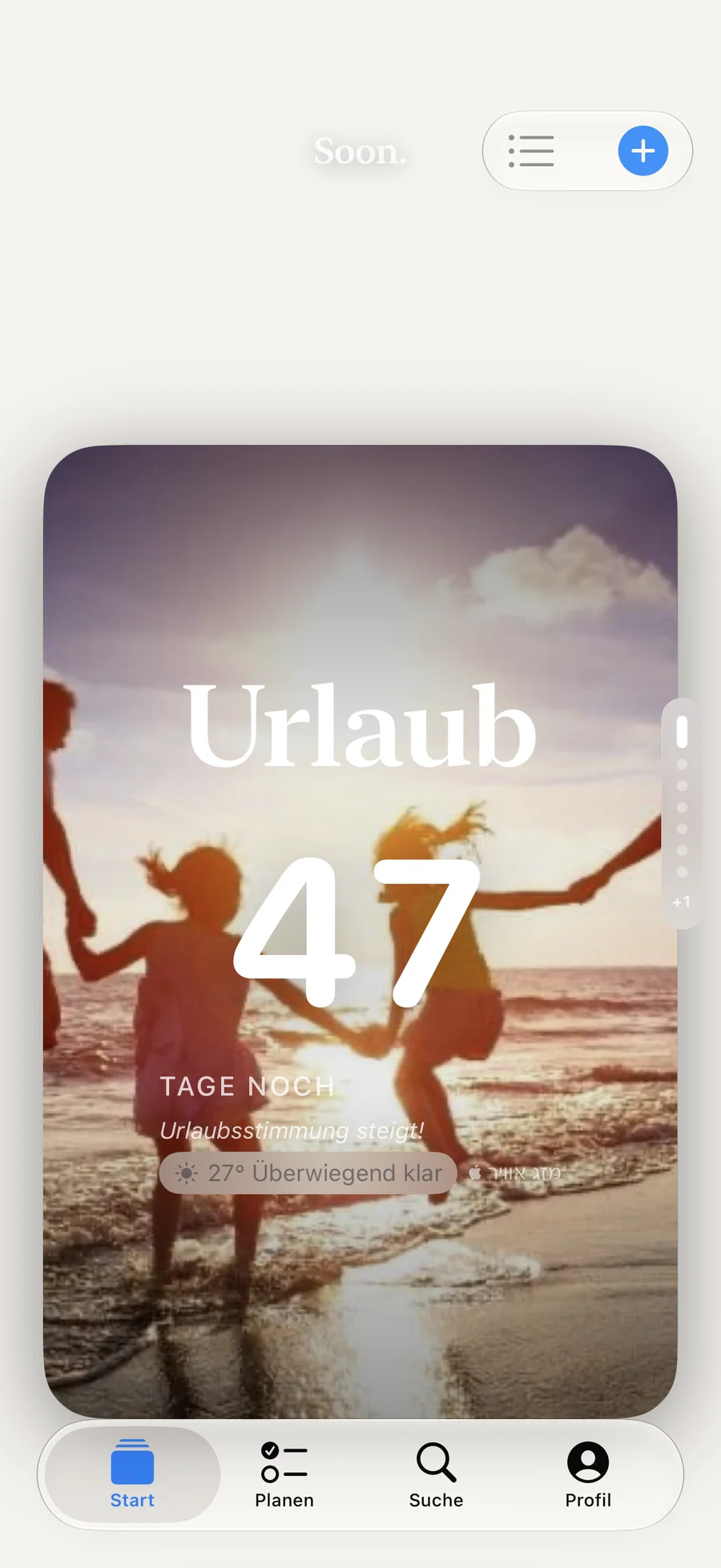 Startbildschirm von Soon. mit einer großen Countdown-Karte für einen Sommerurlaub