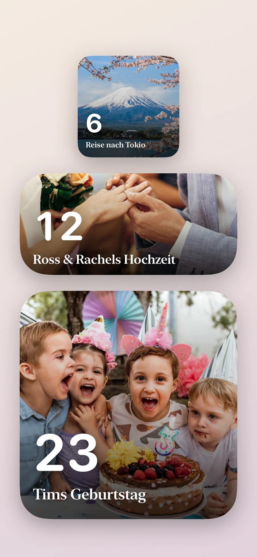 Widget-Galerie von Soon. mit Countdown-Widgets in mehreren Größen