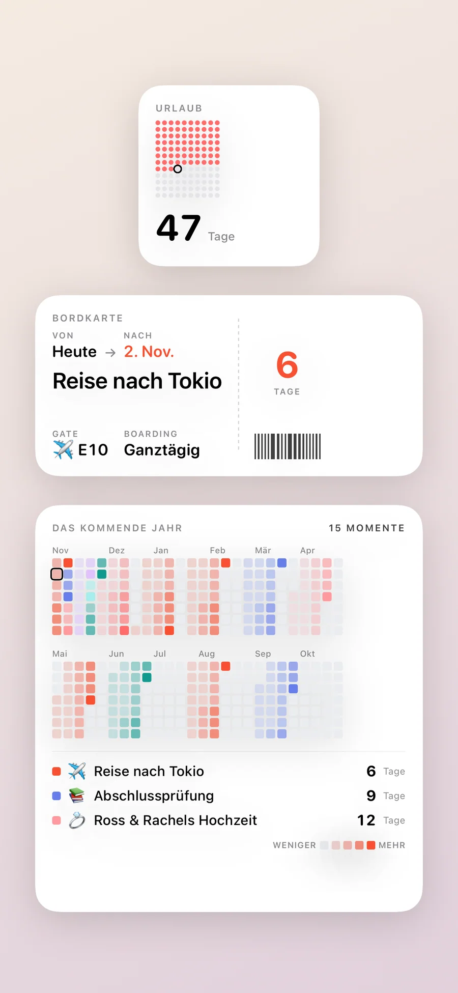 Widgets von Soon. mit Monatskalender und einer Liste der nächsten Momente