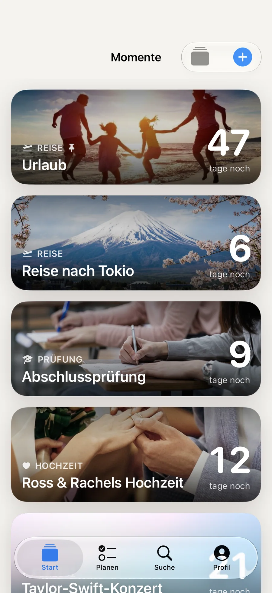 Momente-Liste in Soon. mit Countdowns für Reisen, Prüfungen, Geburtstage und Hochzeiten