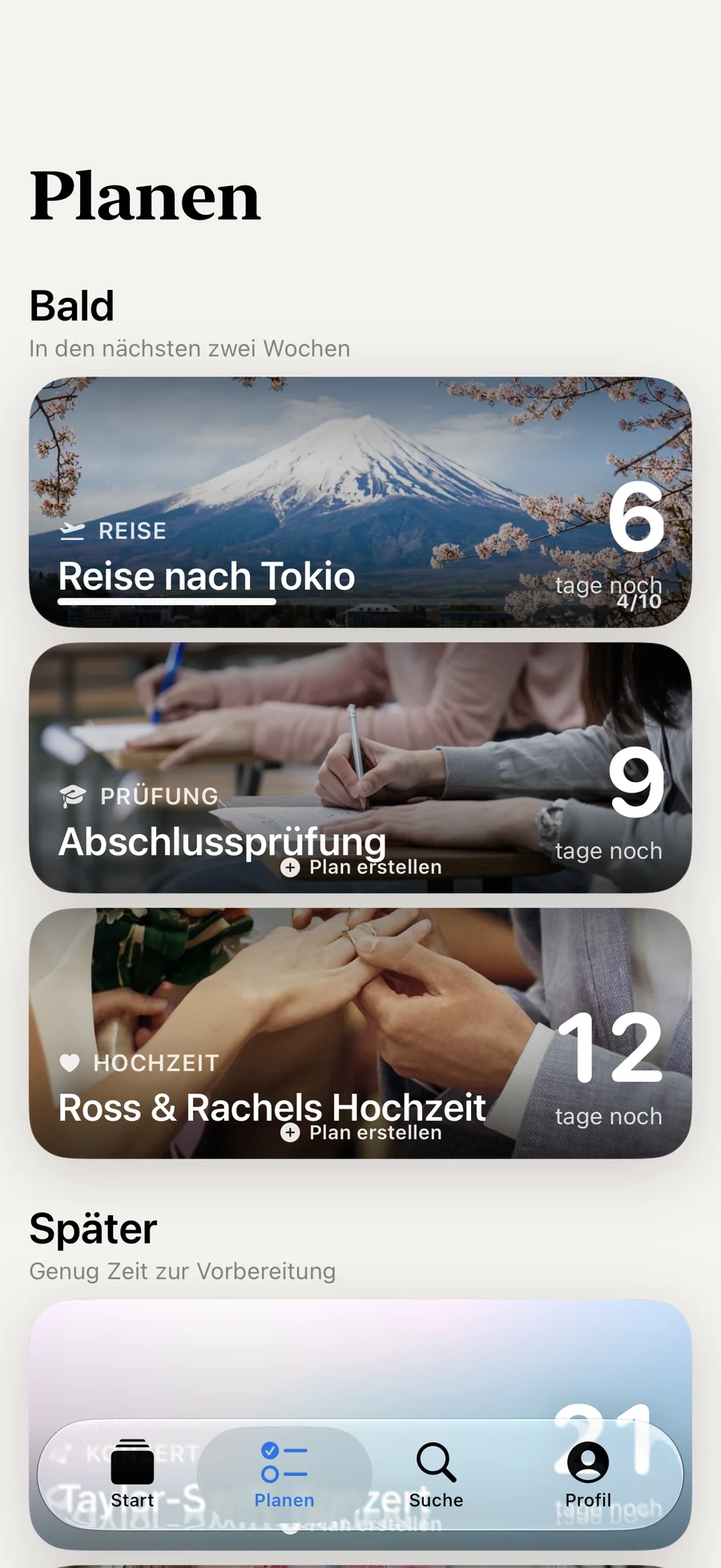 Tab „Planen“ in Soon. mit den Momenten, die bald anstehen