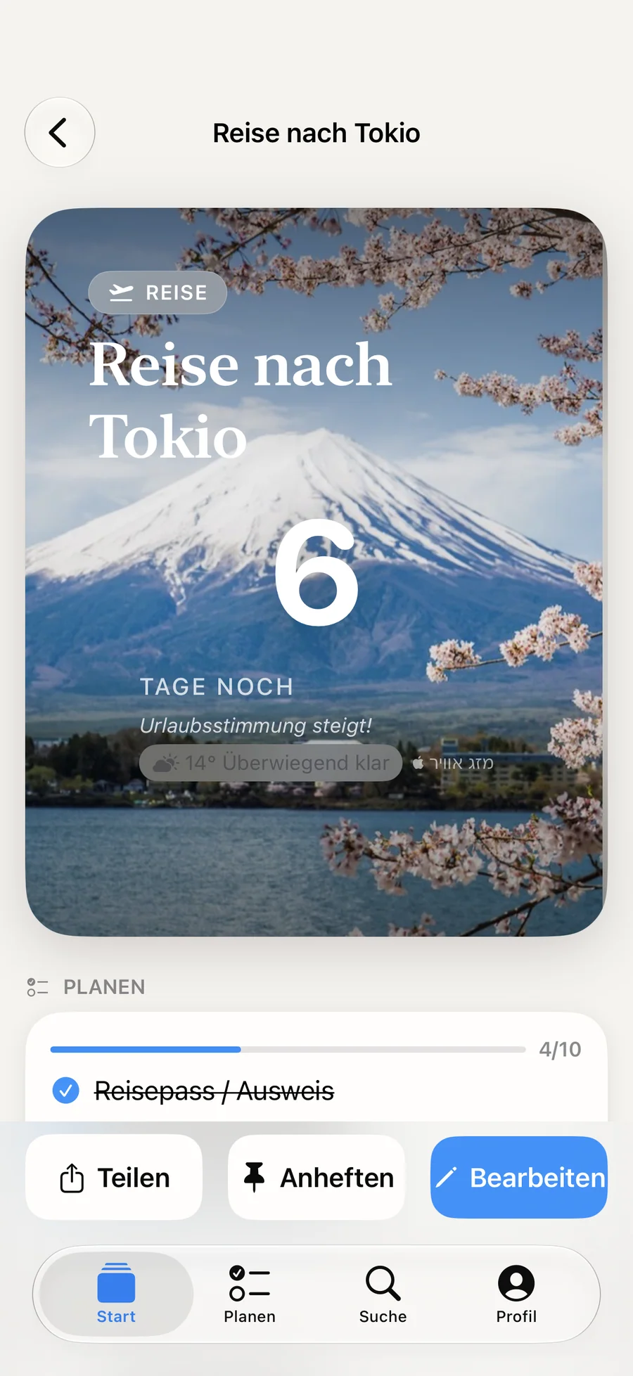 Detailansicht einer Reise in Soon. mit den verbleibenden Tagen und Aktionen für den Plan