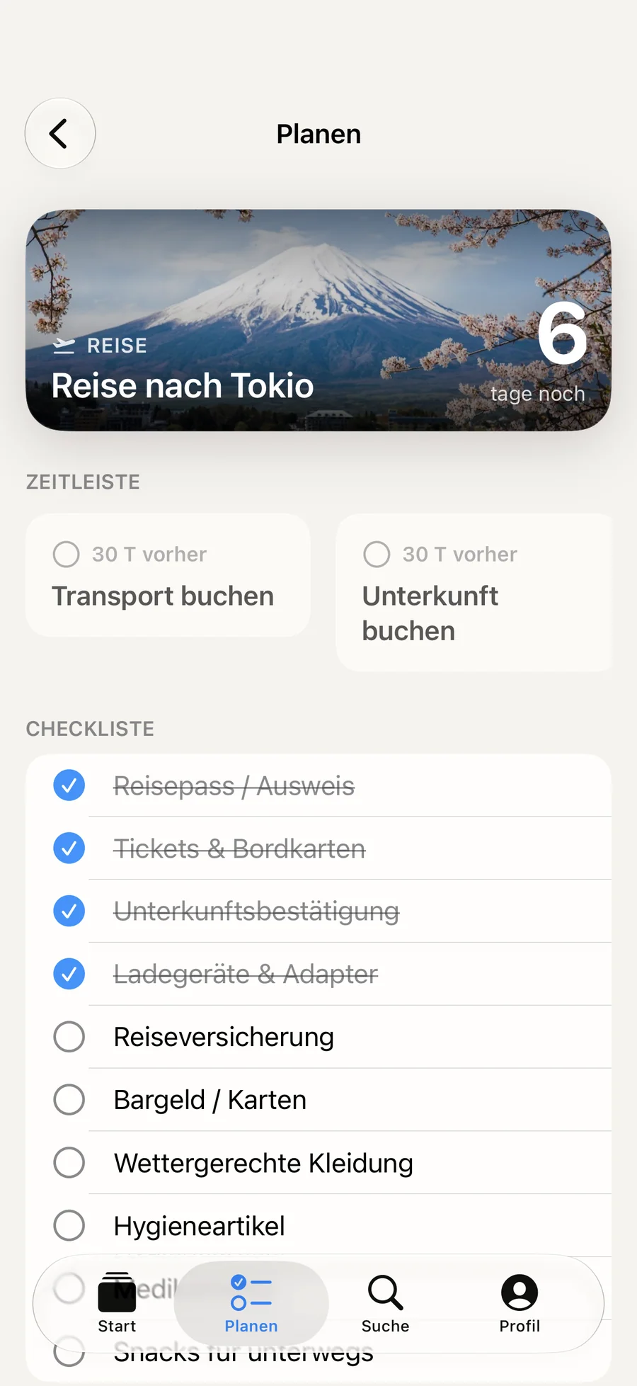 Reiseplan in Soon. mit Zeitleiste und Packliste