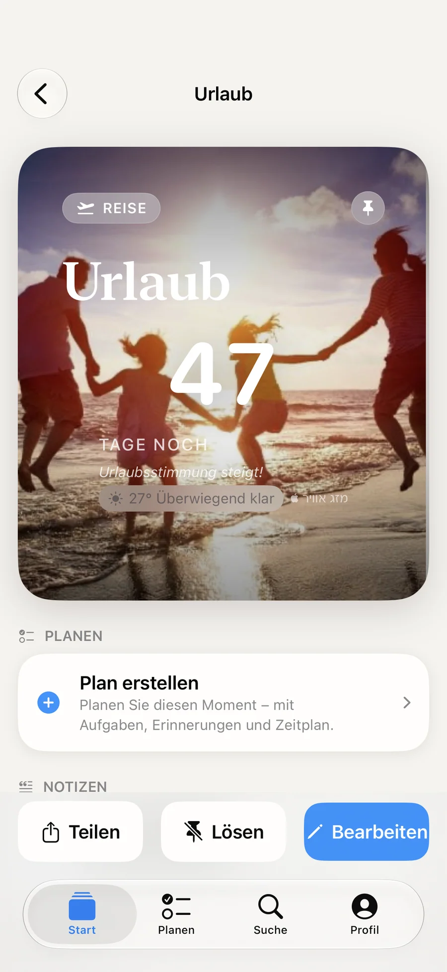 Urlaubs-Countdown in Soon. mit Plan