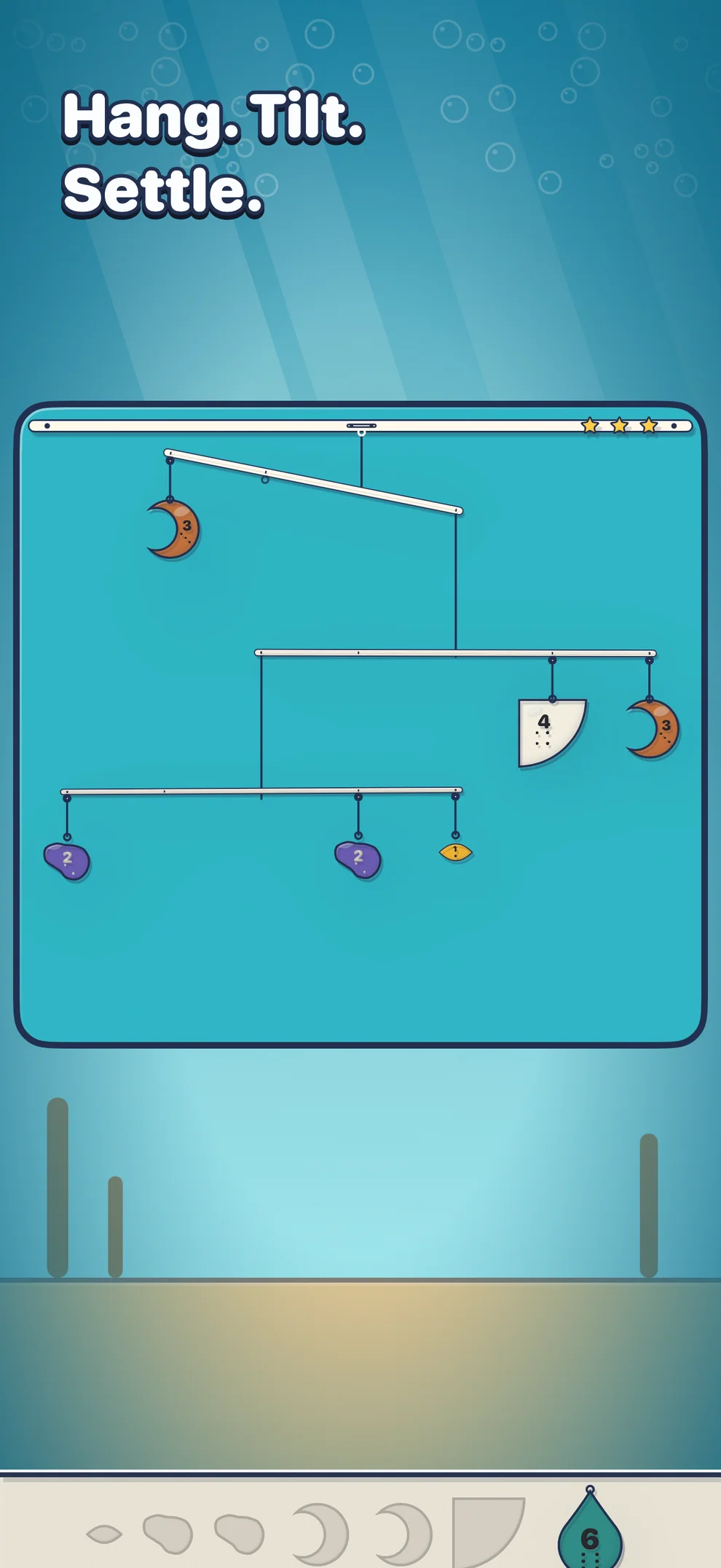 Deep Sea: the top beam leans until the pieces in the tray below find the right hooks, then the whole mobile settles.