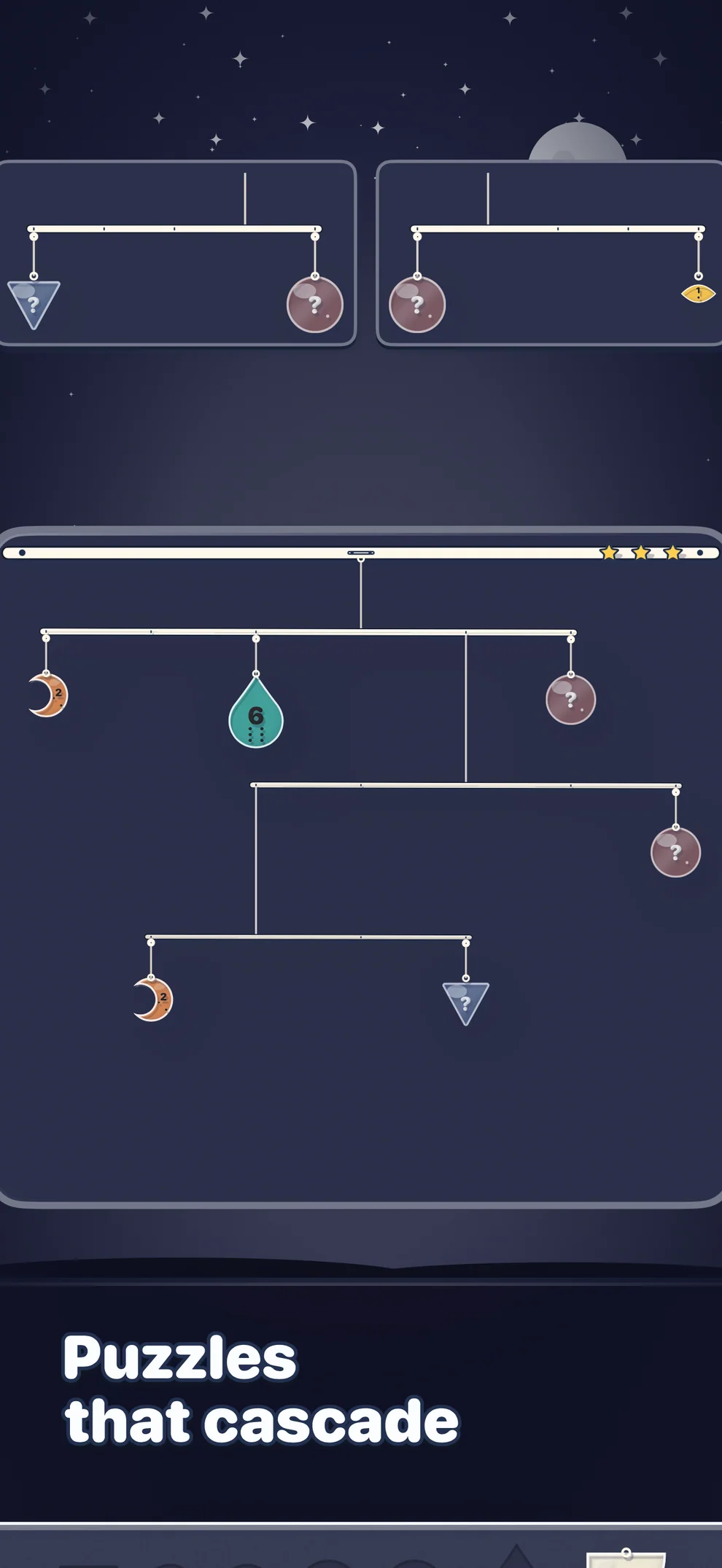Evening Stars: a cascading mobile with three hidden weights, and two cards to deduce them from.