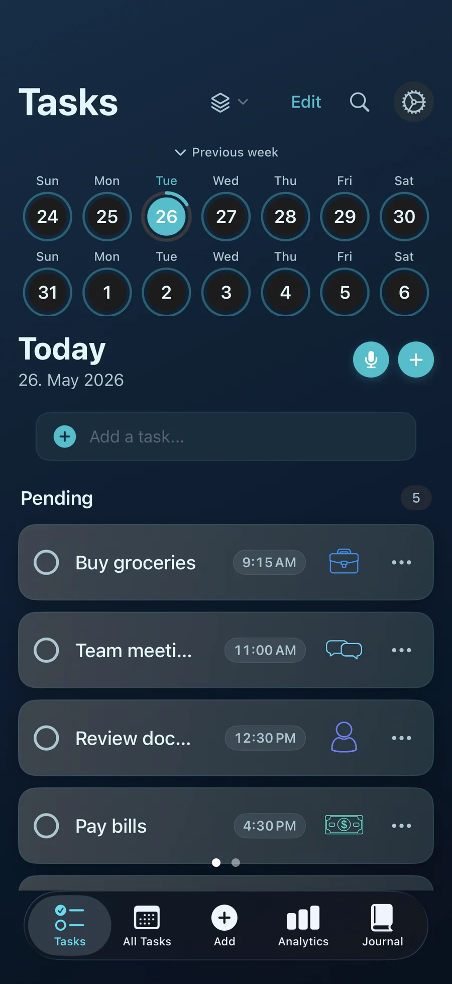 Taskful Day today view with a week strip and pending tasks