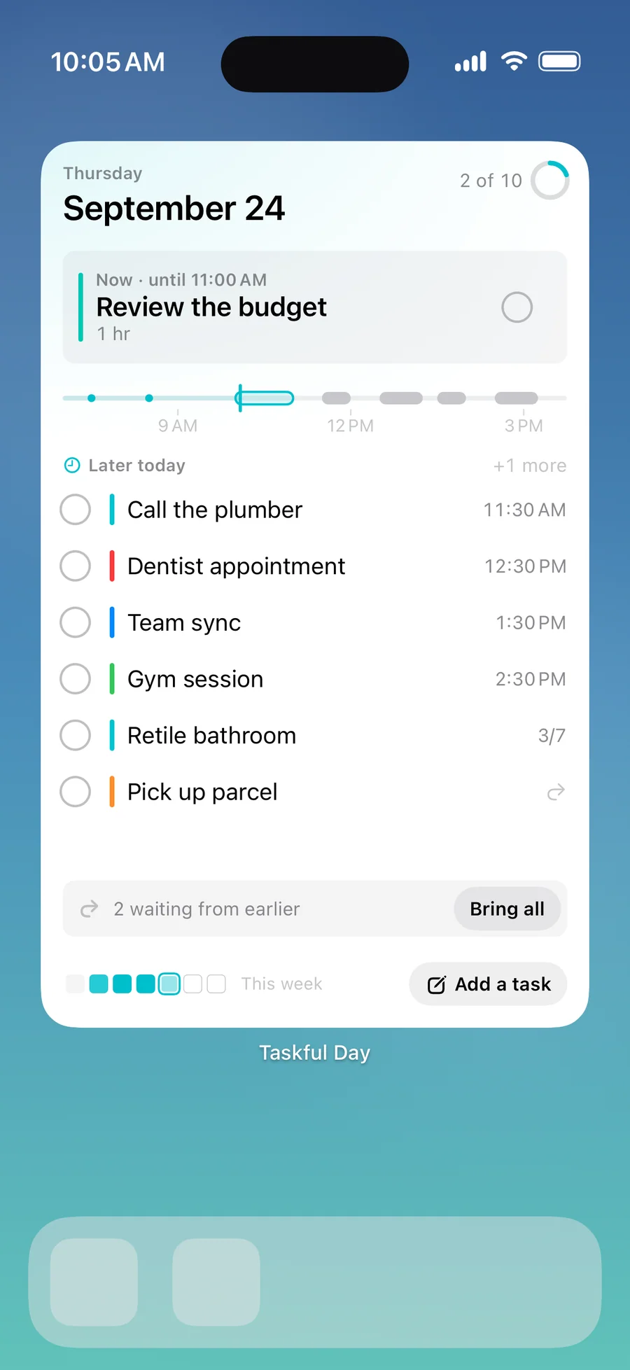 Taskful Day full-page widget with the next tasks