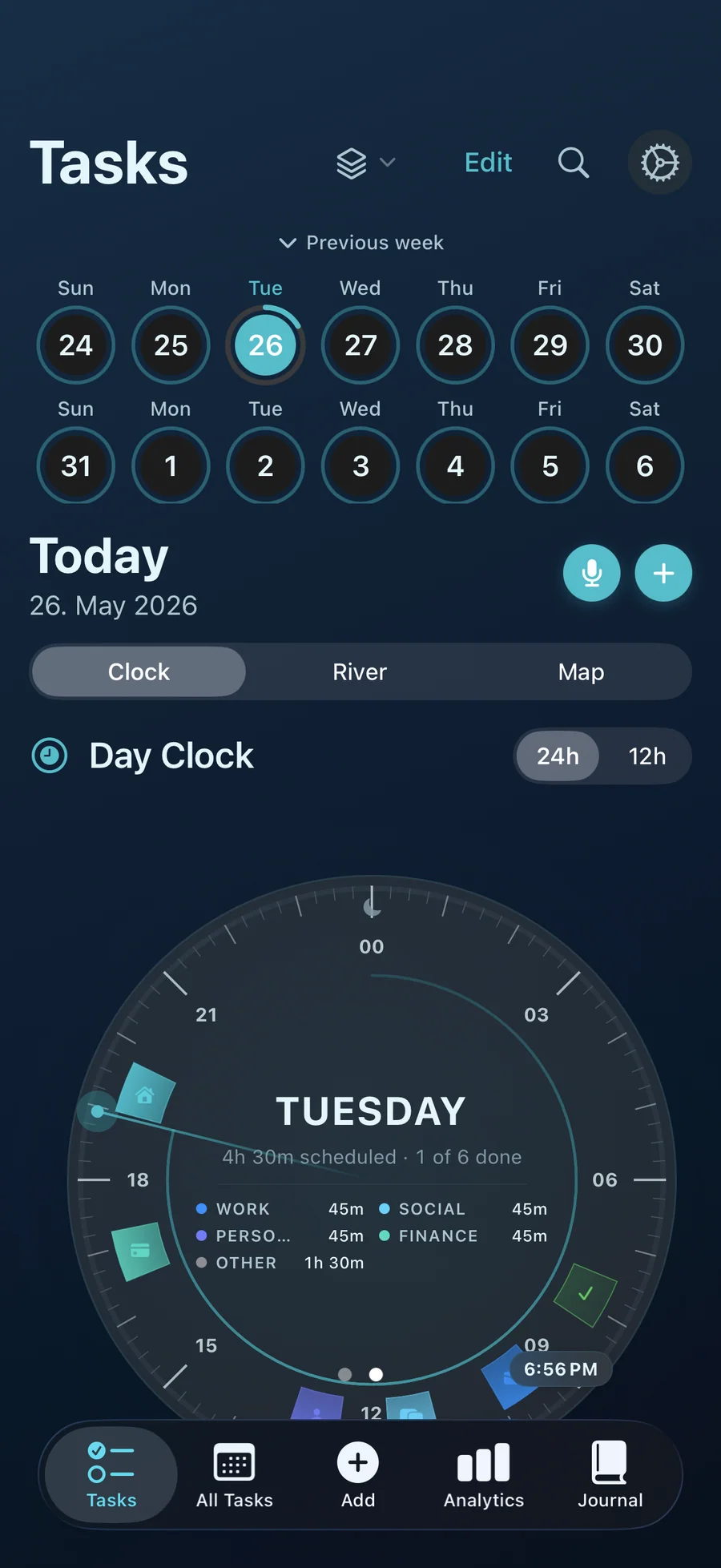 Taskful Day clock view with tasks around a 24-hour dial