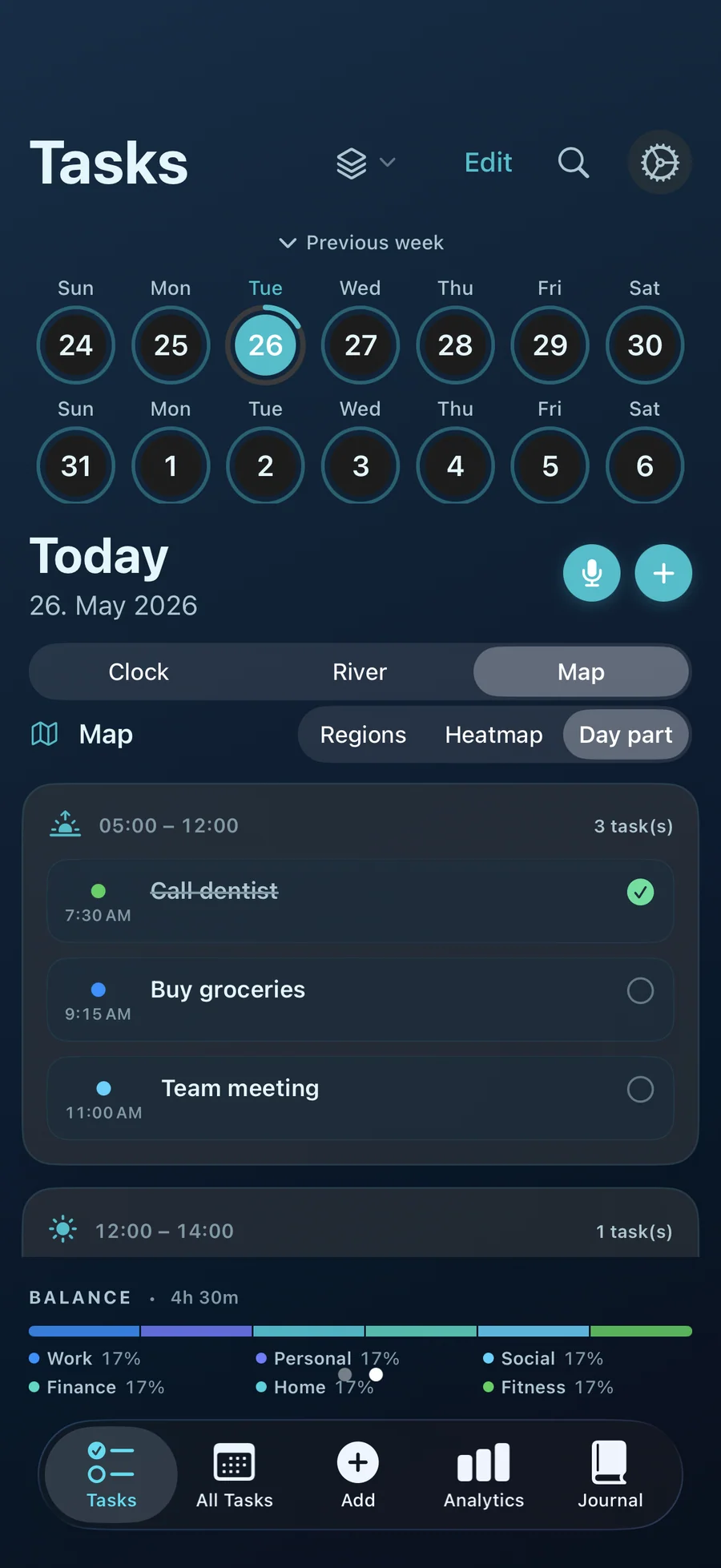 Taskful Day day-part map of morning, afternoon and evening tasks