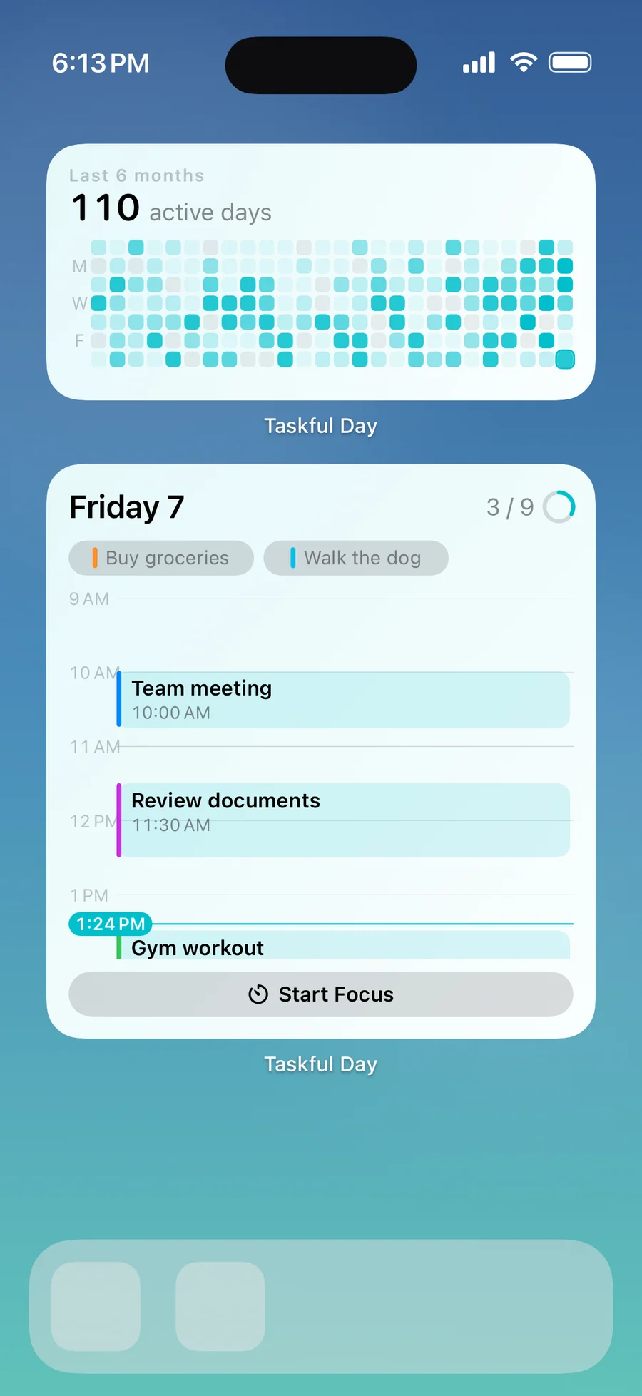 Taskful Day heatmap widget with active days and a today list