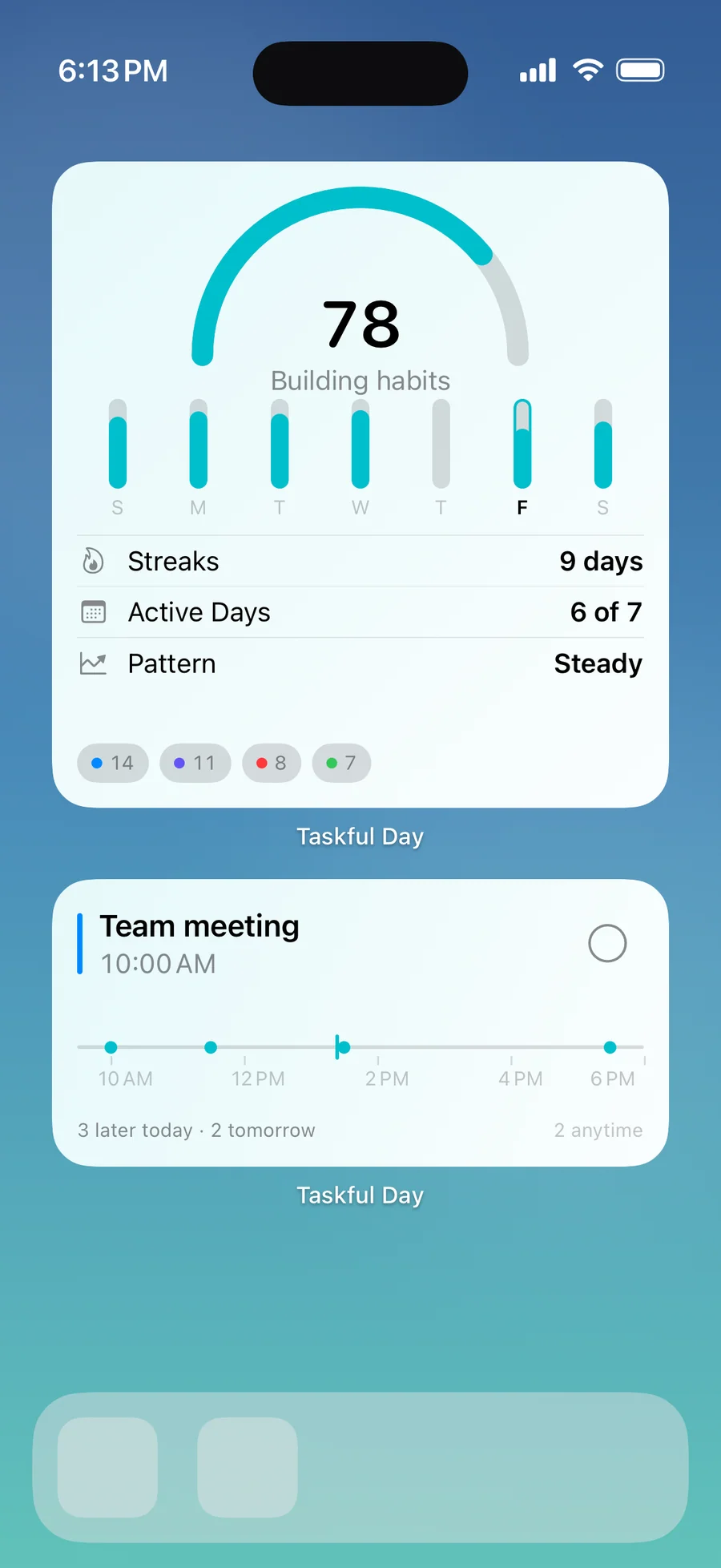 Taskful Day habits widget with streaks and a pattern