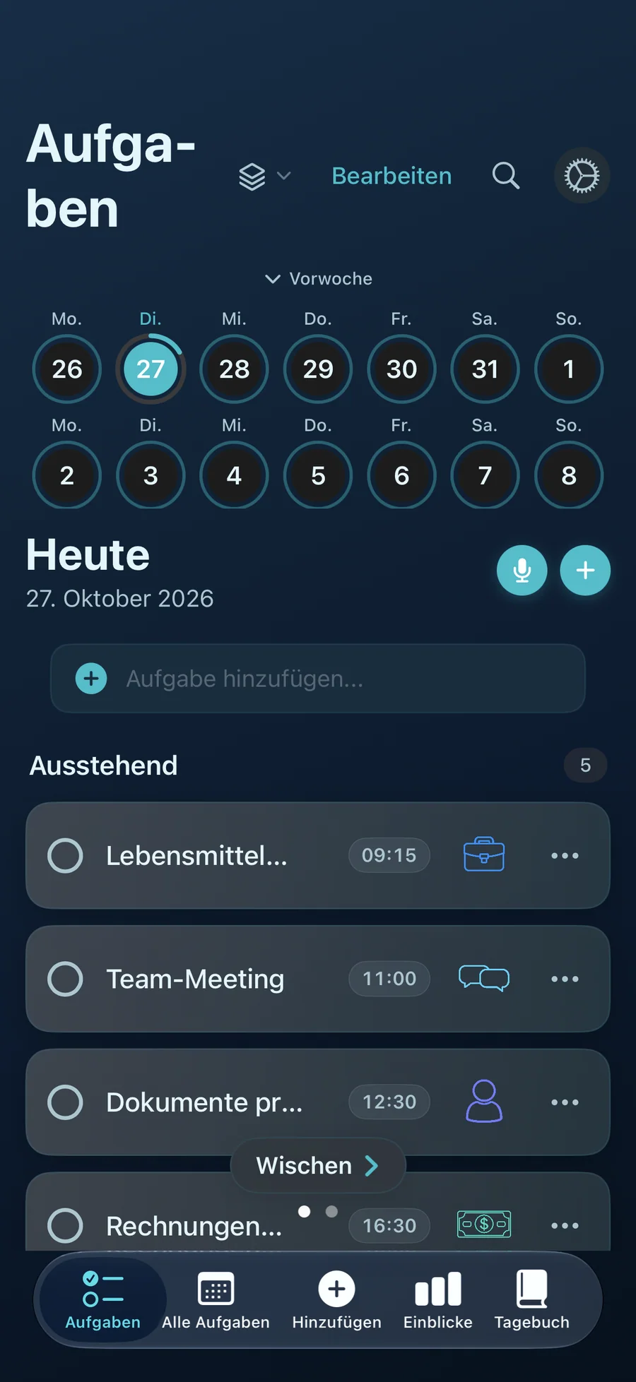 Heute-Ansicht von Taskful Day mit Wochenleiste und offenen Aufgaben
