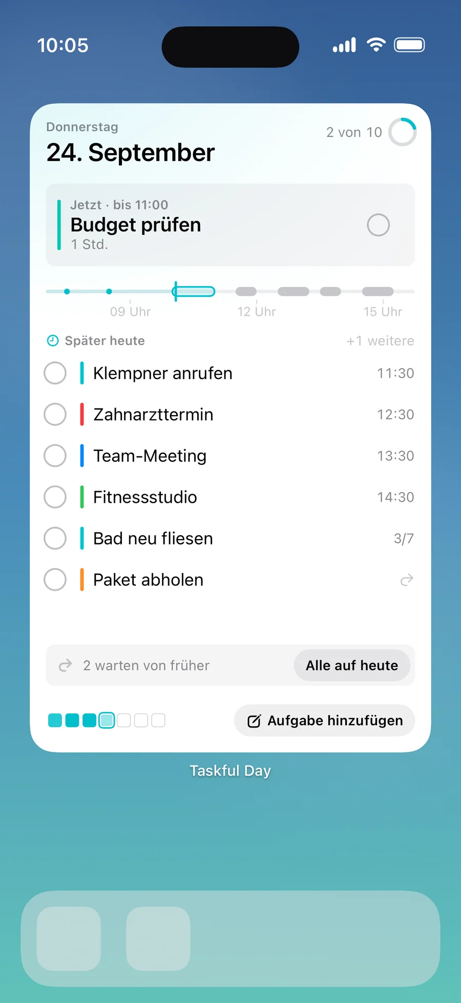 Ganzseitiges Widget von Taskful Day mit den nächsten Aufgaben