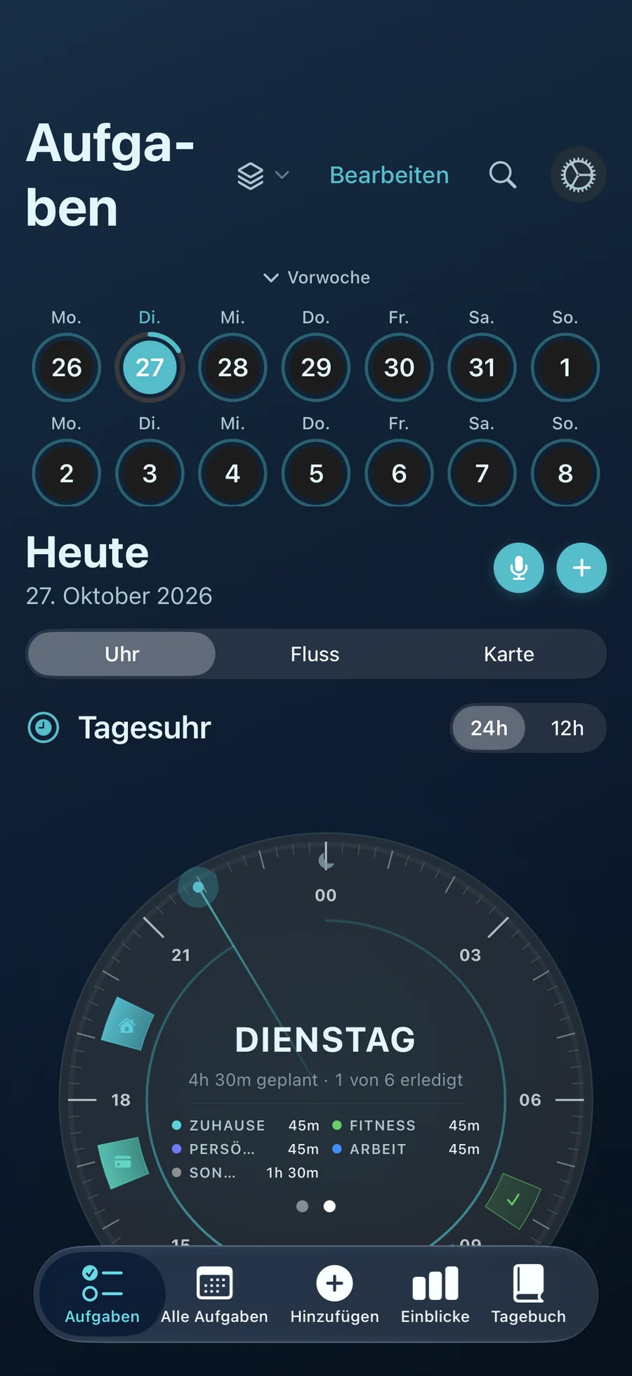 Tagesuhr von Taskful Day mit Aufgaben rund um ein 24-Stunden-Zifferblatt