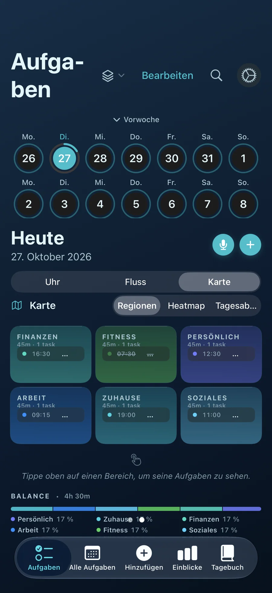 Tageskarte von Taskful Day mit Aufgaben, gruppiert nach Kategorie-Bereichen
