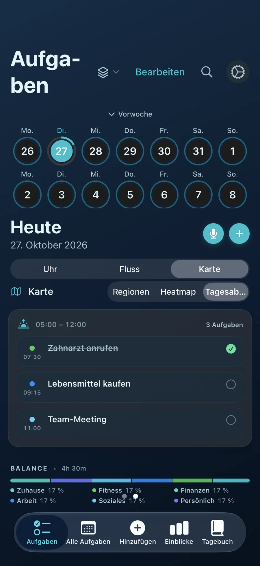 Tageskarte von Taskful Day mit Aufgaben für Morgen, Nachmittag und Abend