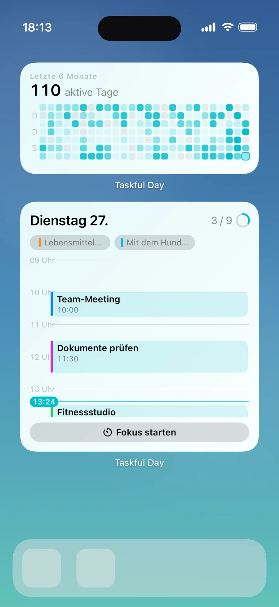Heatmap-Widget von Taskful Day mit aktiven Tagen und einer Liste für heute