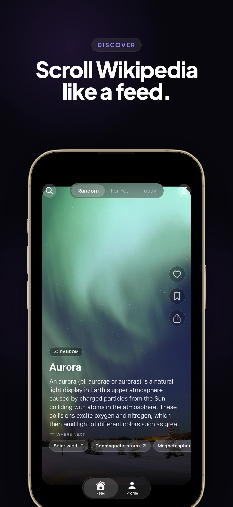 WanderWiki feed on iPhone showing one Wikipedia article as a full-screen card to swipe