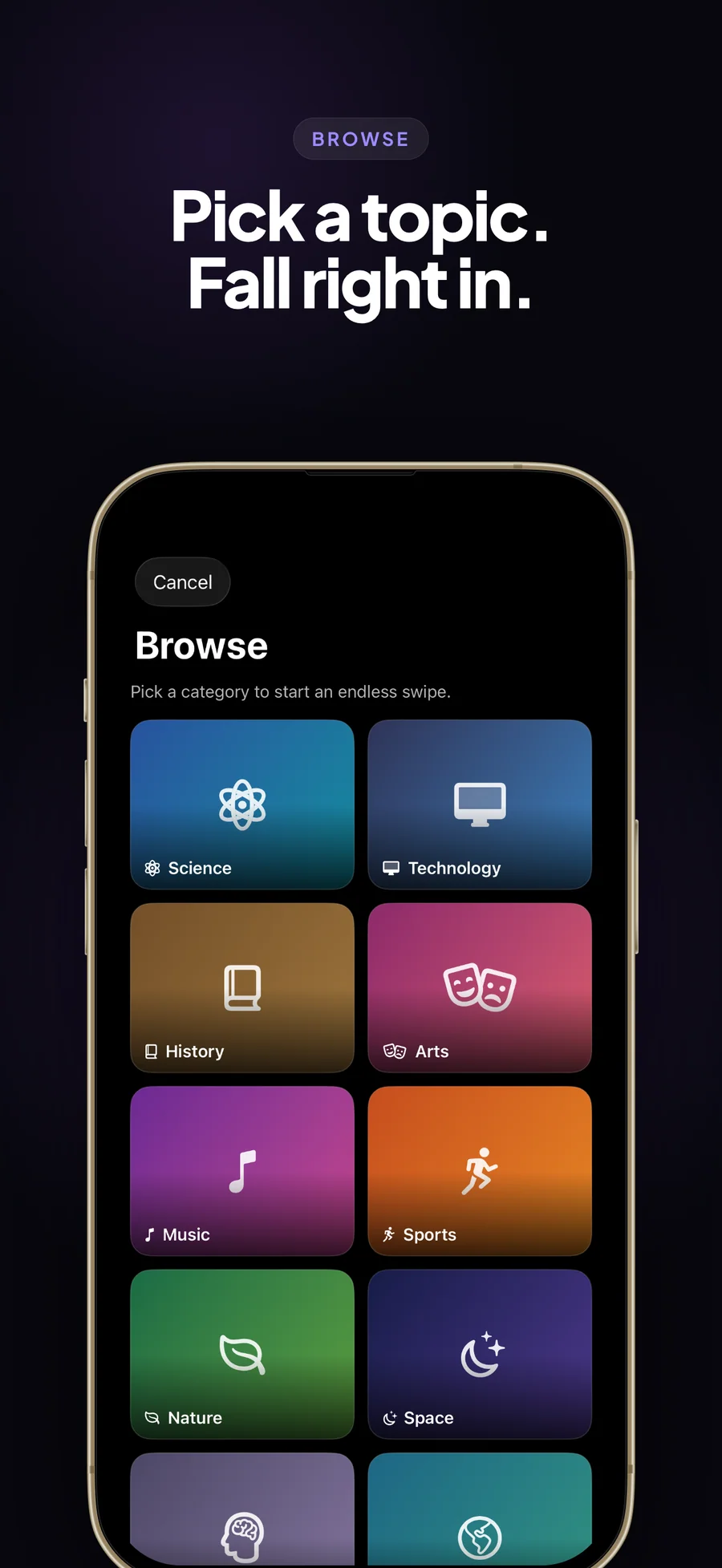 WanderWiki Browse screen with tiles for the 16 topics