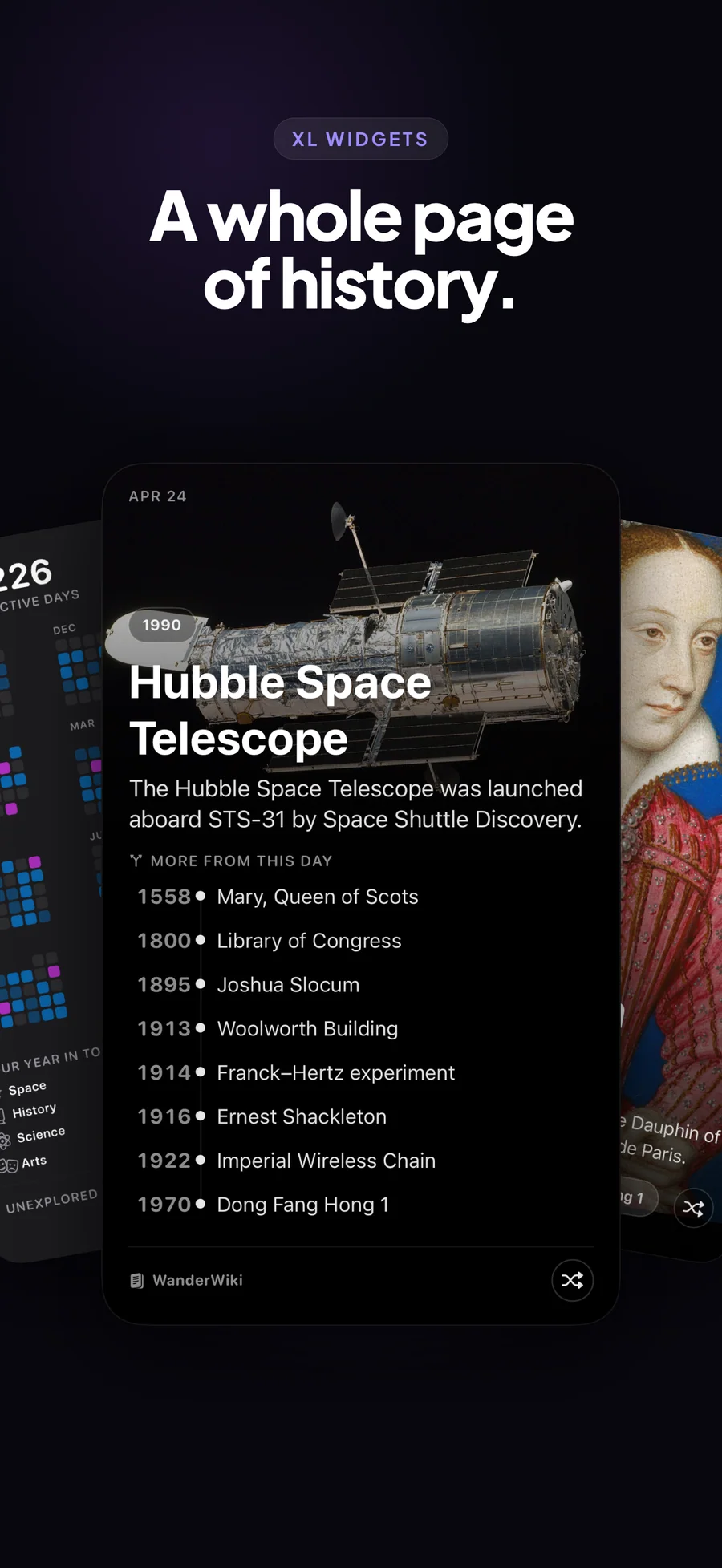 WanderWiki extra-large On This Day widget showing a whole page of history