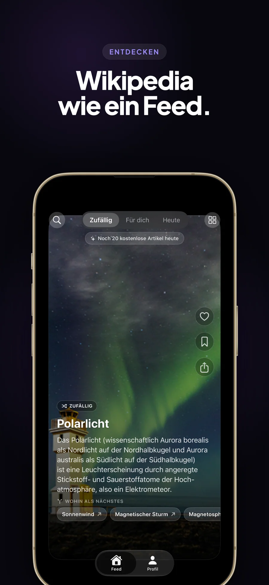 Feed von WanderWiki auf dem iPhone mit einem Wikipedia-Artikel als bildschirmfüllende Karte zum Wischen
