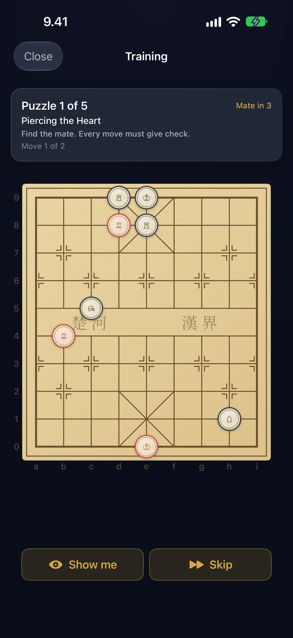 A mate puzzle in progress: mate in 3, where every move must give check.