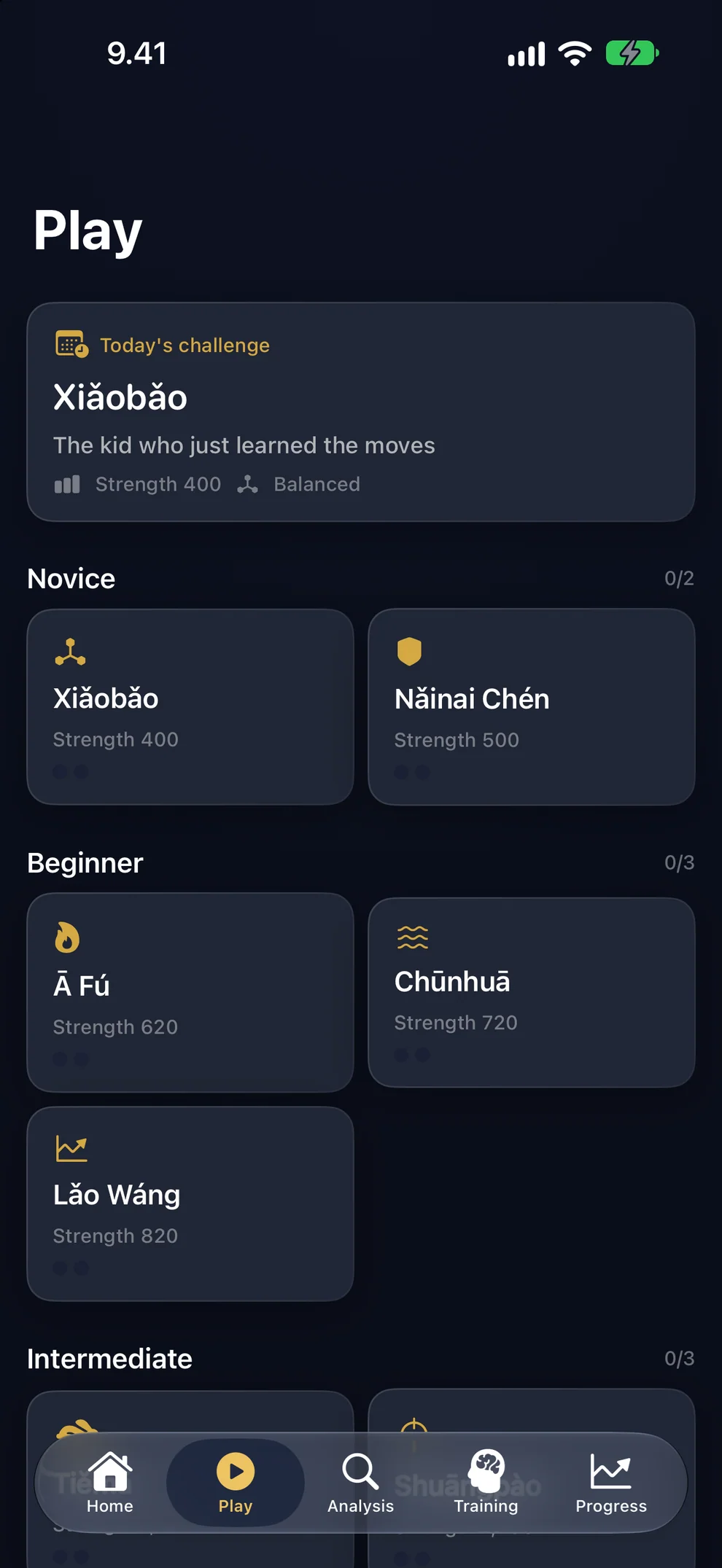 The opponent ladder by tier, starting with Xiǎobǎo, the kid who just learned the moves.