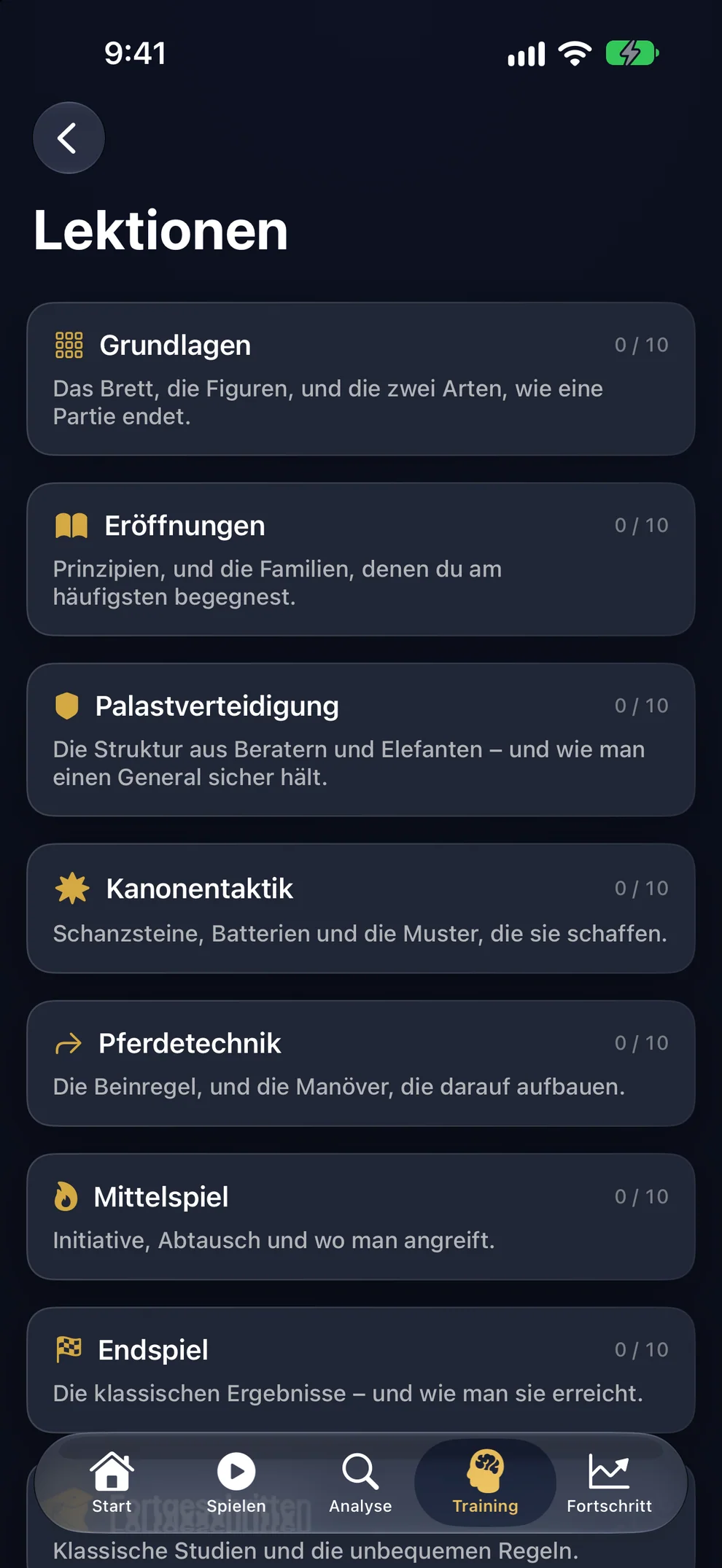 80 Lektionen in 8 Lernpfaden, vom Brett bis zu den Klassikern, alle kostenlos.
