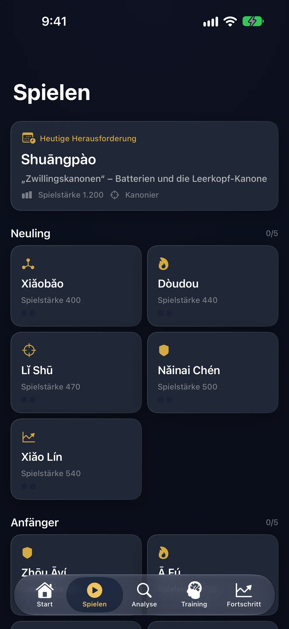 Die Gegnerleiter nach Stufen, beginnend mit Xiǎobǎo, dem Kind, das gerade die Züge gelernt hat.