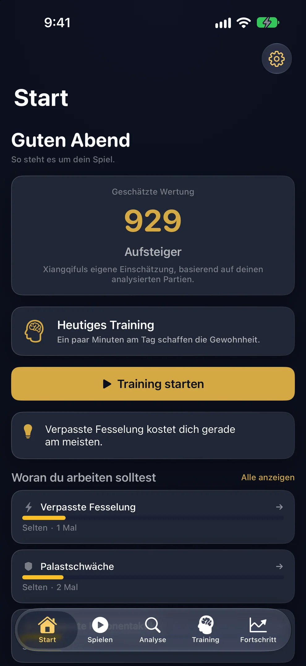 Start: das heutige Training und woran du als Nächstes arbeiten solltest.